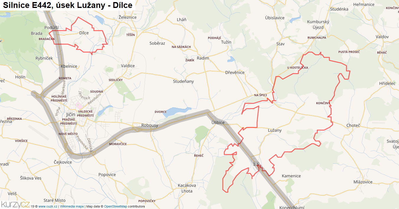 Úsek Lužany - Dílce, Silnice E442 - Mapa