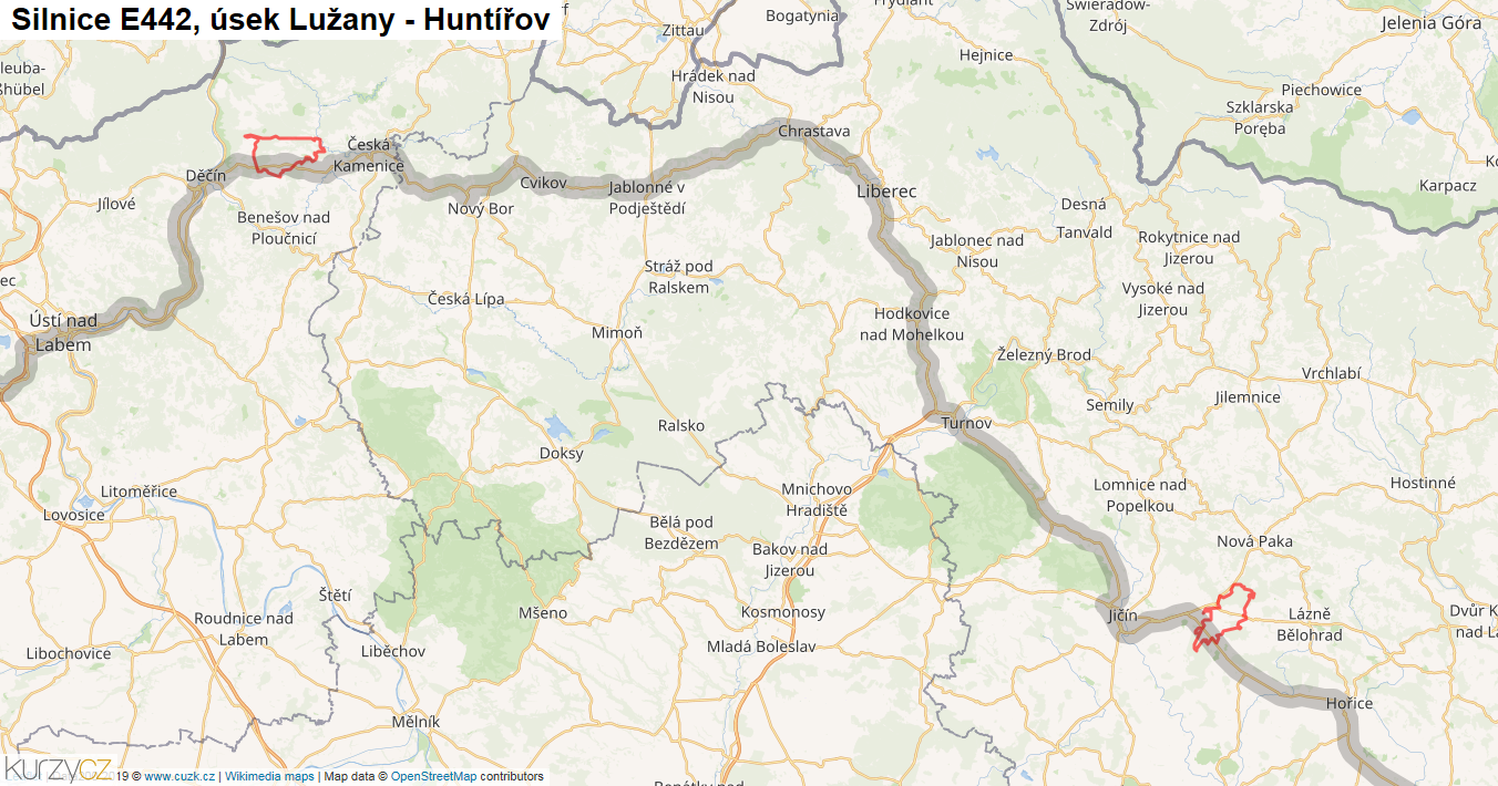 Úsek Lužany - Huntířov, Silnice E442 - Mapa