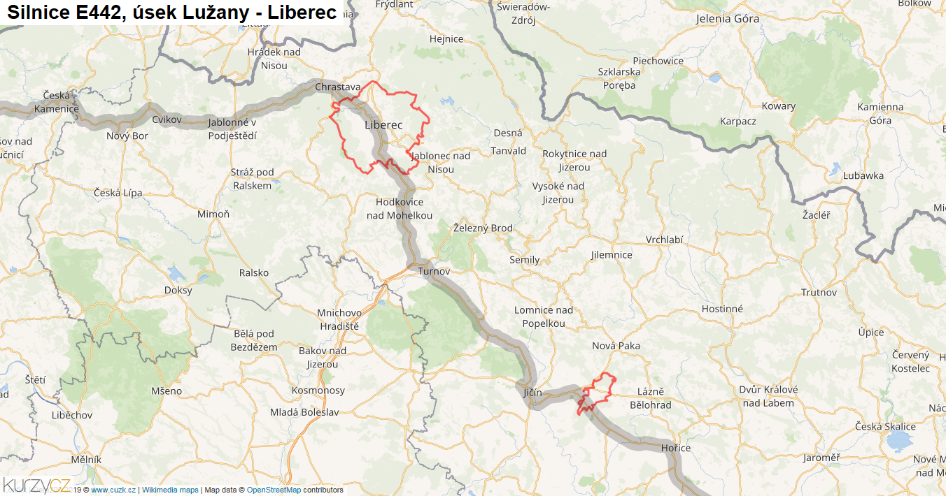 Úsek Lužany - Liberec, Silnice E442 - Mapa