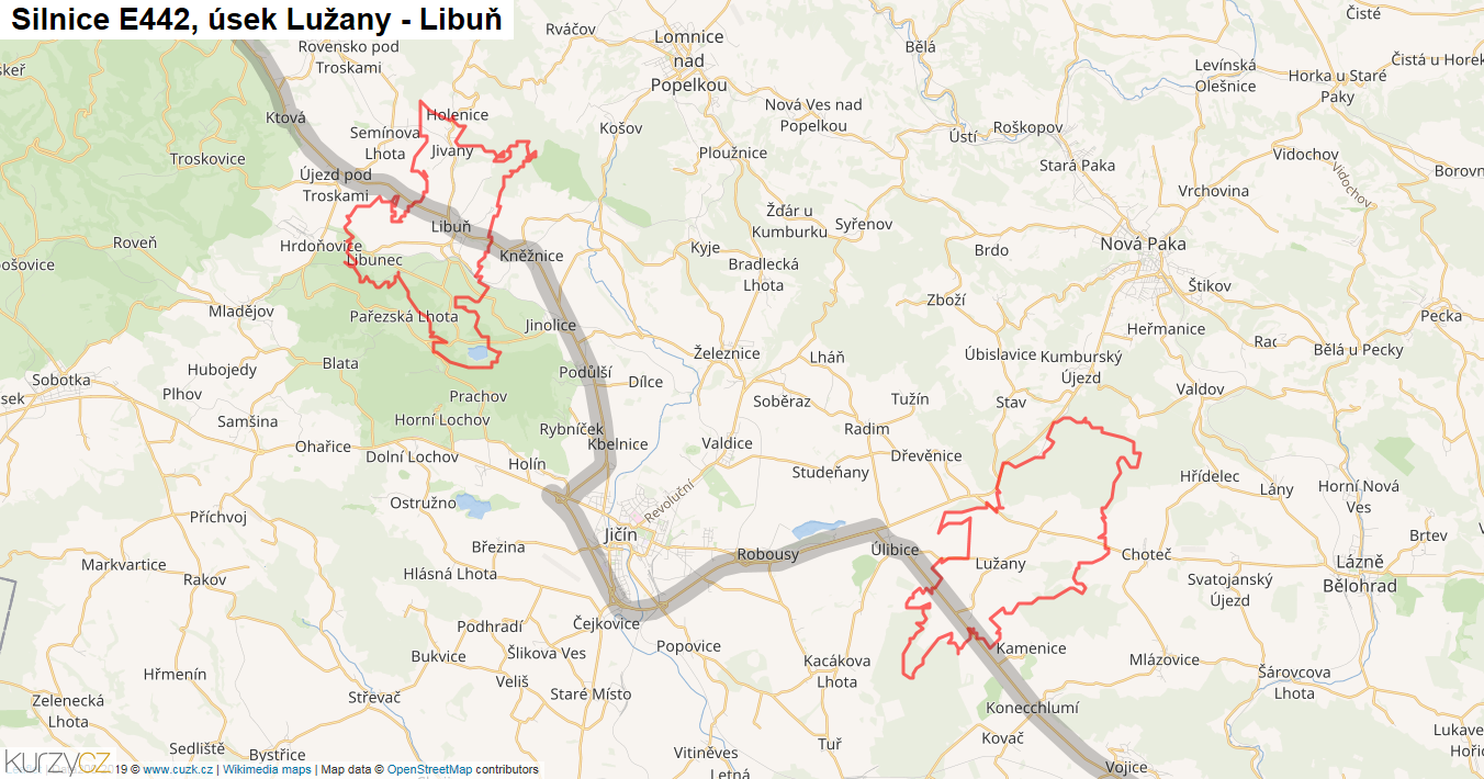 Úsek Lužany - Libuň, Silnice E442 - Mapa