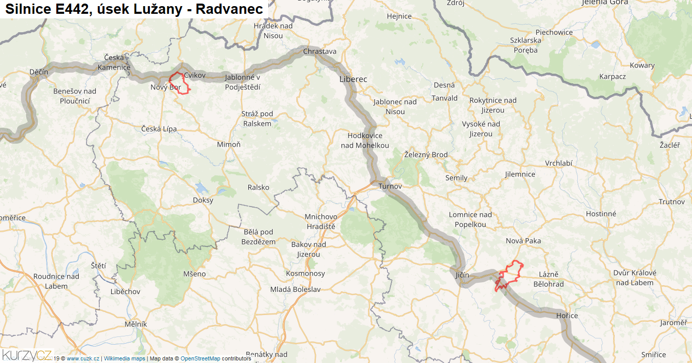 Úsek Lužany - Radvanec, Silnice E442 - Mapa