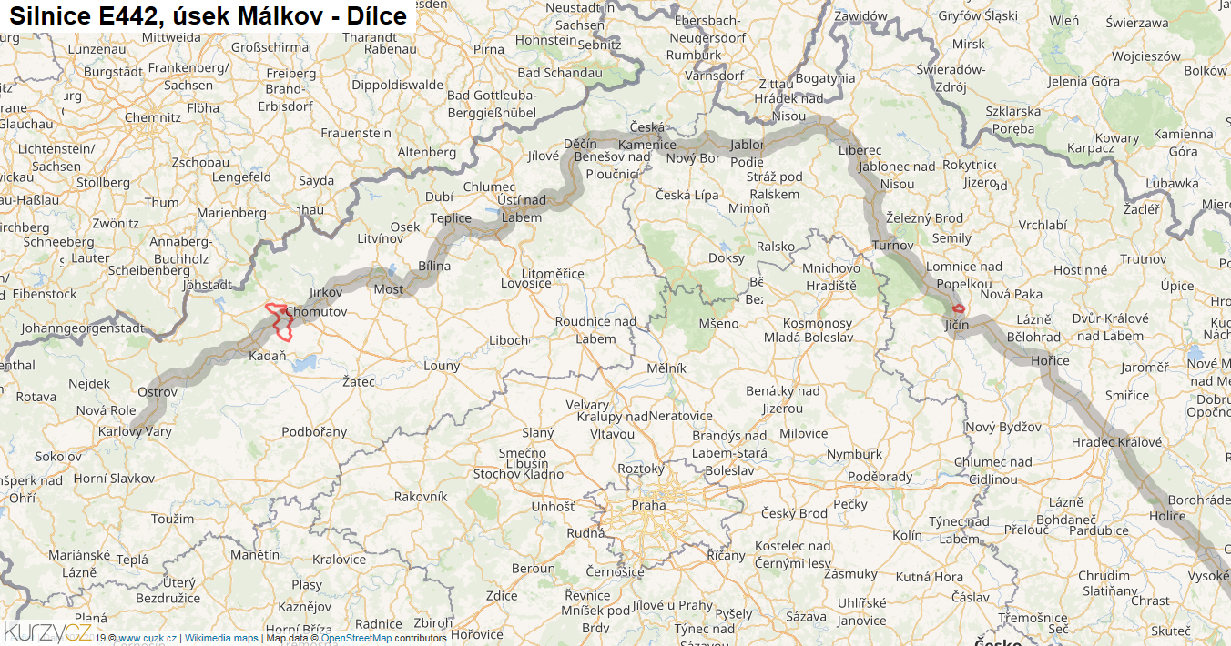 Úsek Málkov - Dílce, Silnice E442 - Mapa