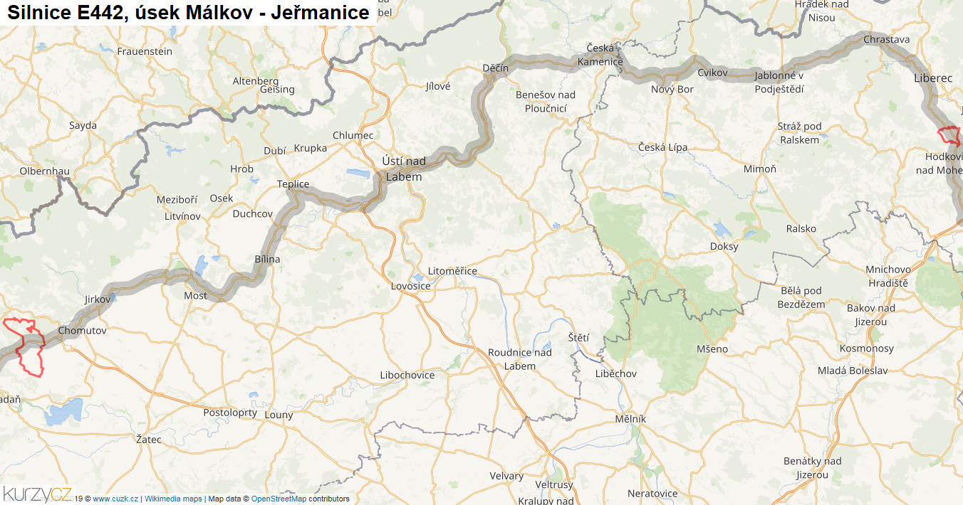 Úsek Málkov - Jeřmanice, Silnice E442 - Mapa