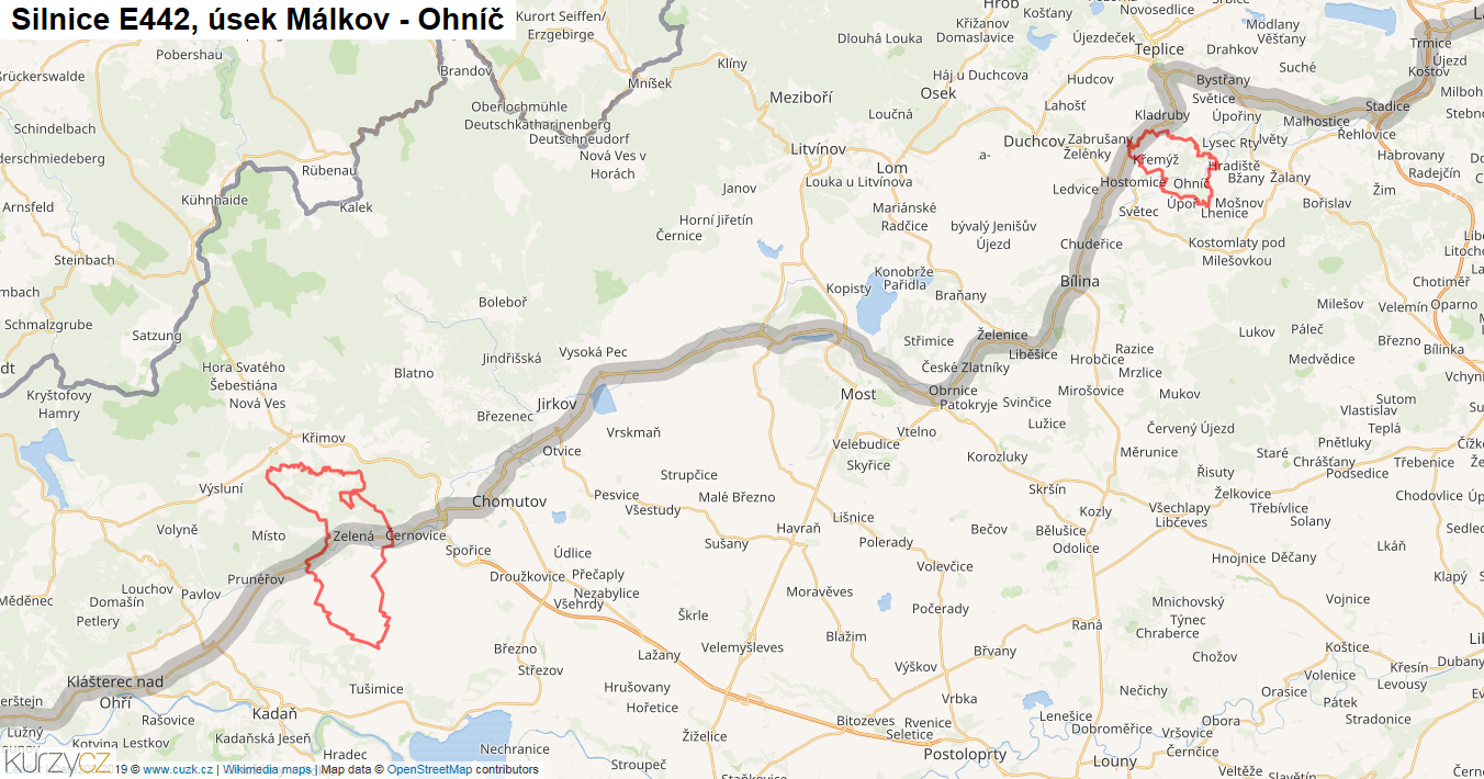 Úsek Málkov - Ohníč, Silnice E442 - Mapa