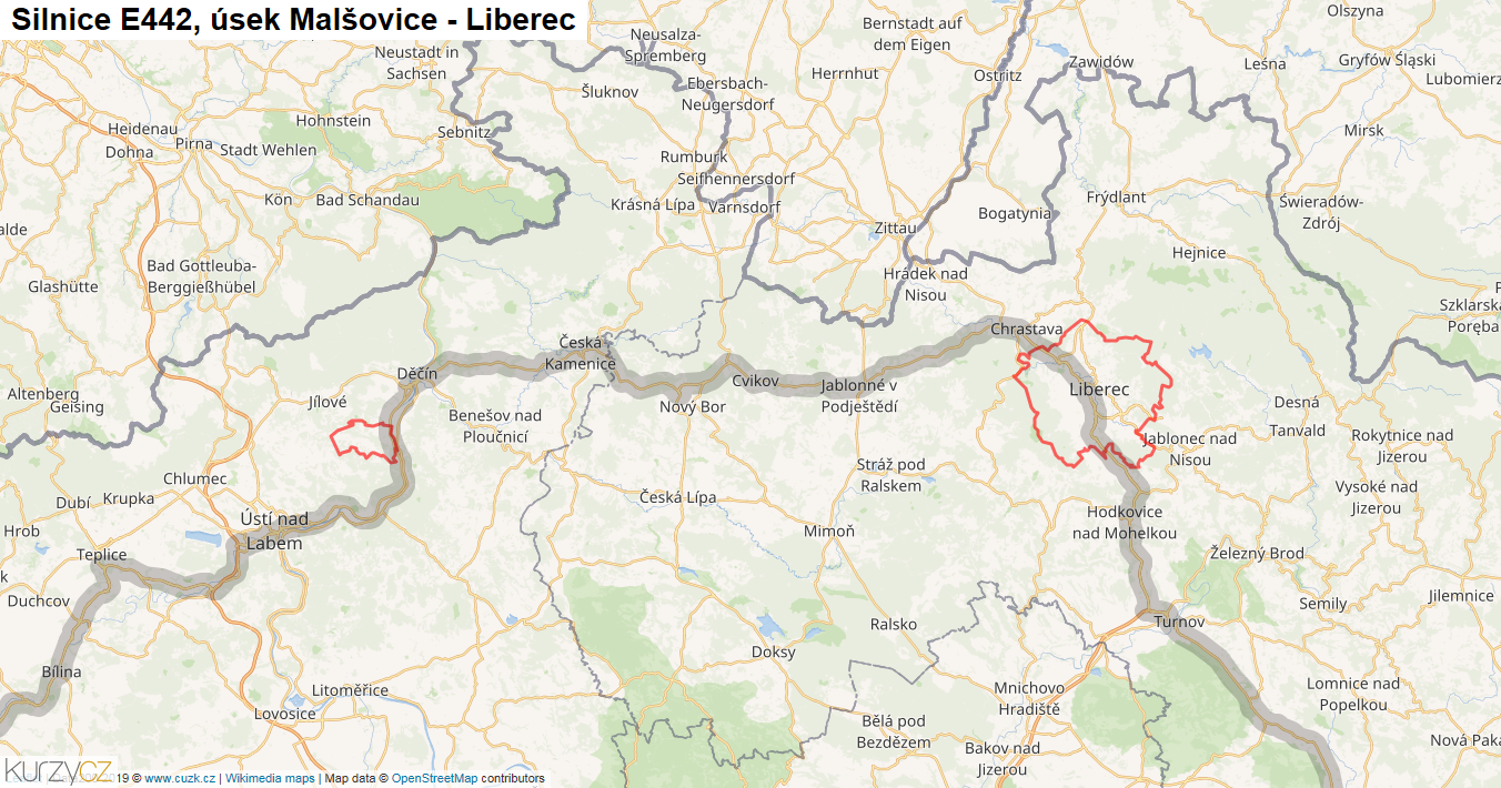 Úsek Malšovice - Liberec, Silnice E442 - Mapa