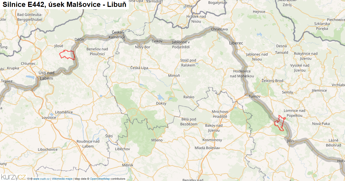 Úsek Malšovice - Libuň, Silnice E442 - Mapa