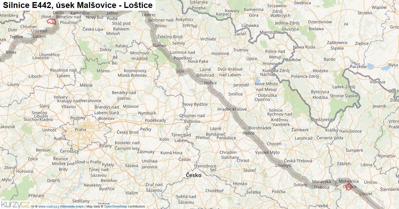 Úsek Malšovice - Loštice, Silnice E442 - Mapa