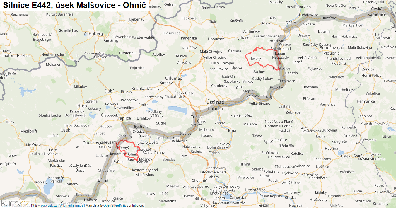Úsek Malšovice - Ohníč, Silnice E442 - Mapa