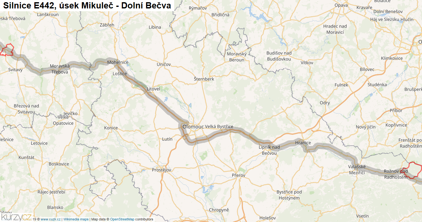 Úsek Mikuleč - Dolní Bečva, Silnice E442 - Mapa