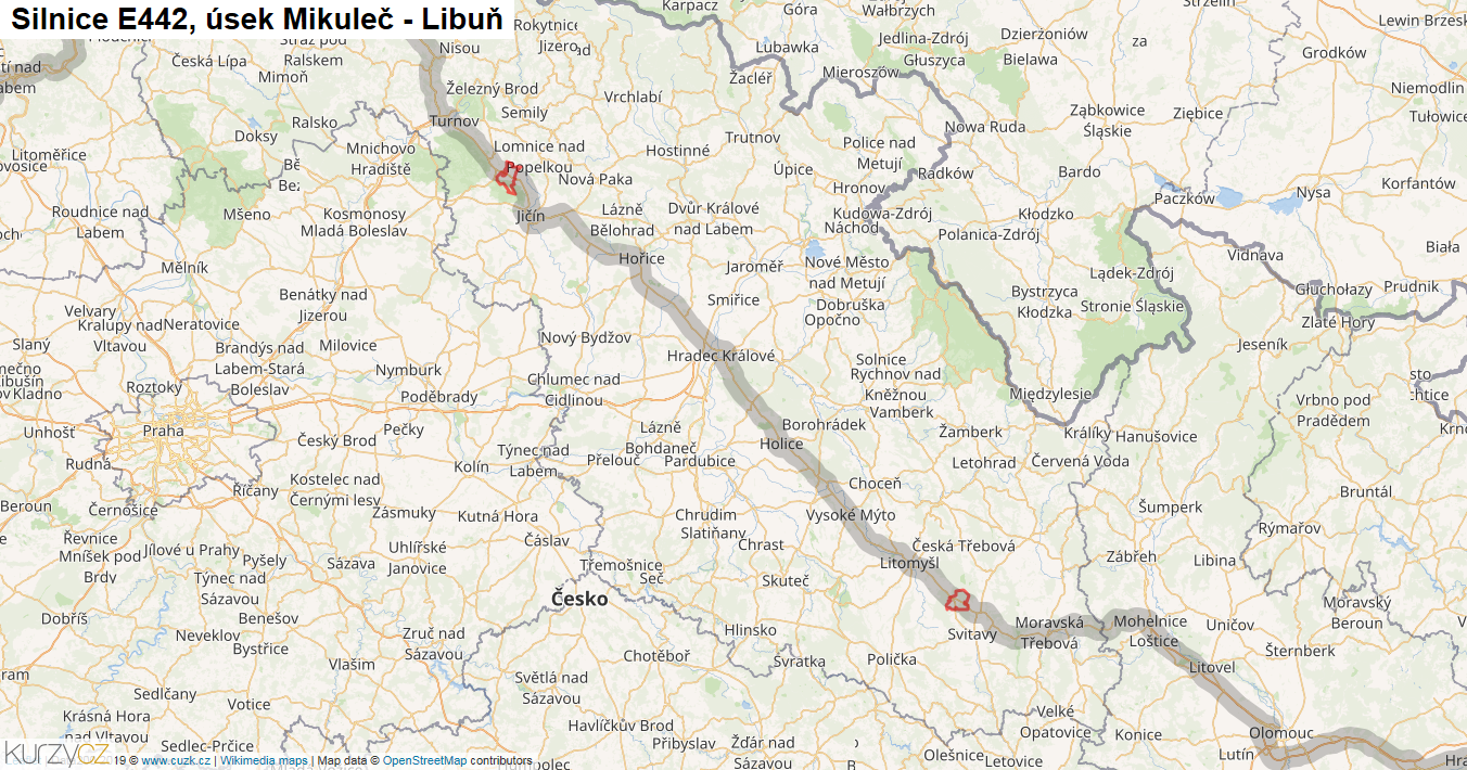 Úsek Mikuleč - Libuň, Silnice E442 - Mapa