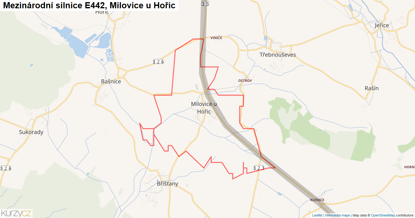 Milovice u Hořic, Silnice E442 - Mapa