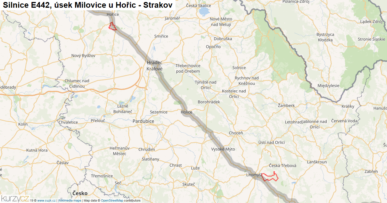 Úsek Milovice u Hořic - Strakov, Silnice E442 - Mapa