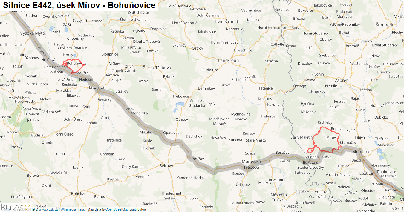 Úsek Mírov - Bohuňovice, Silnice E442 - Mapa