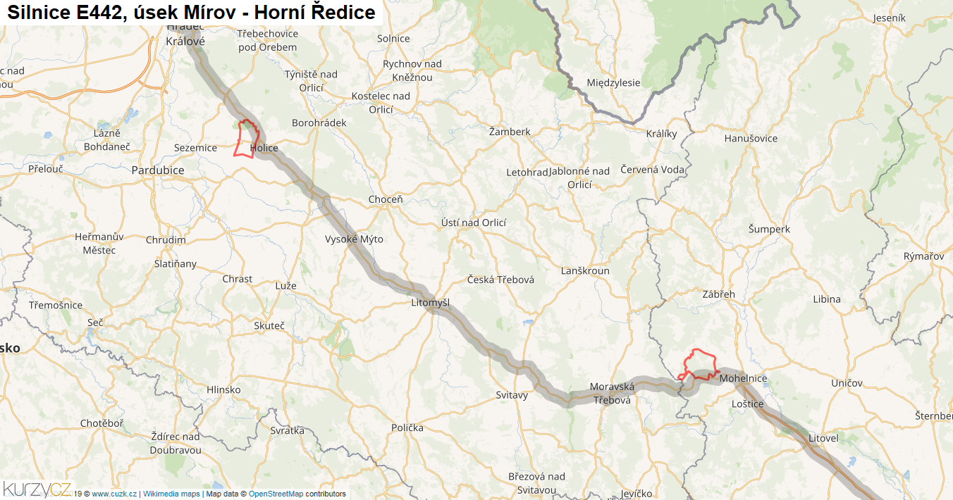 Úsek Mírov - Horní Ředice, Silnice E442 - Mapa