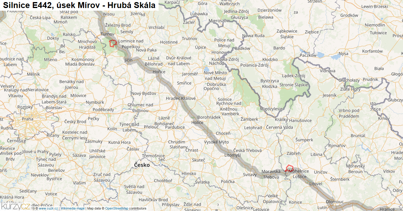 Úsek Mírov - Hrubá Skála, Silnice E442 - Mapa
