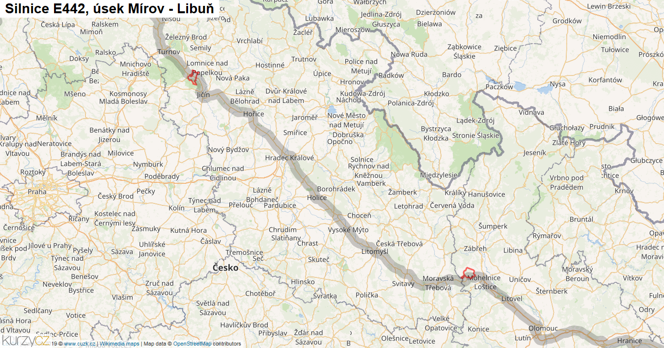 Úsek Mírov - Libuň, Silnice E442 - Mapa