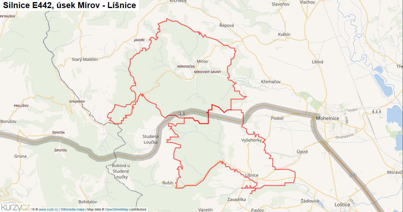Úsek Mírov - Líšnice, Silnice E442 - Mapa