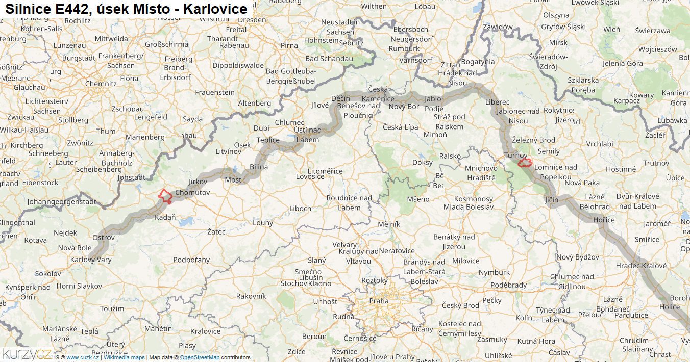 Úsek Místo - Karlovice, Silnice E442 - Mapa