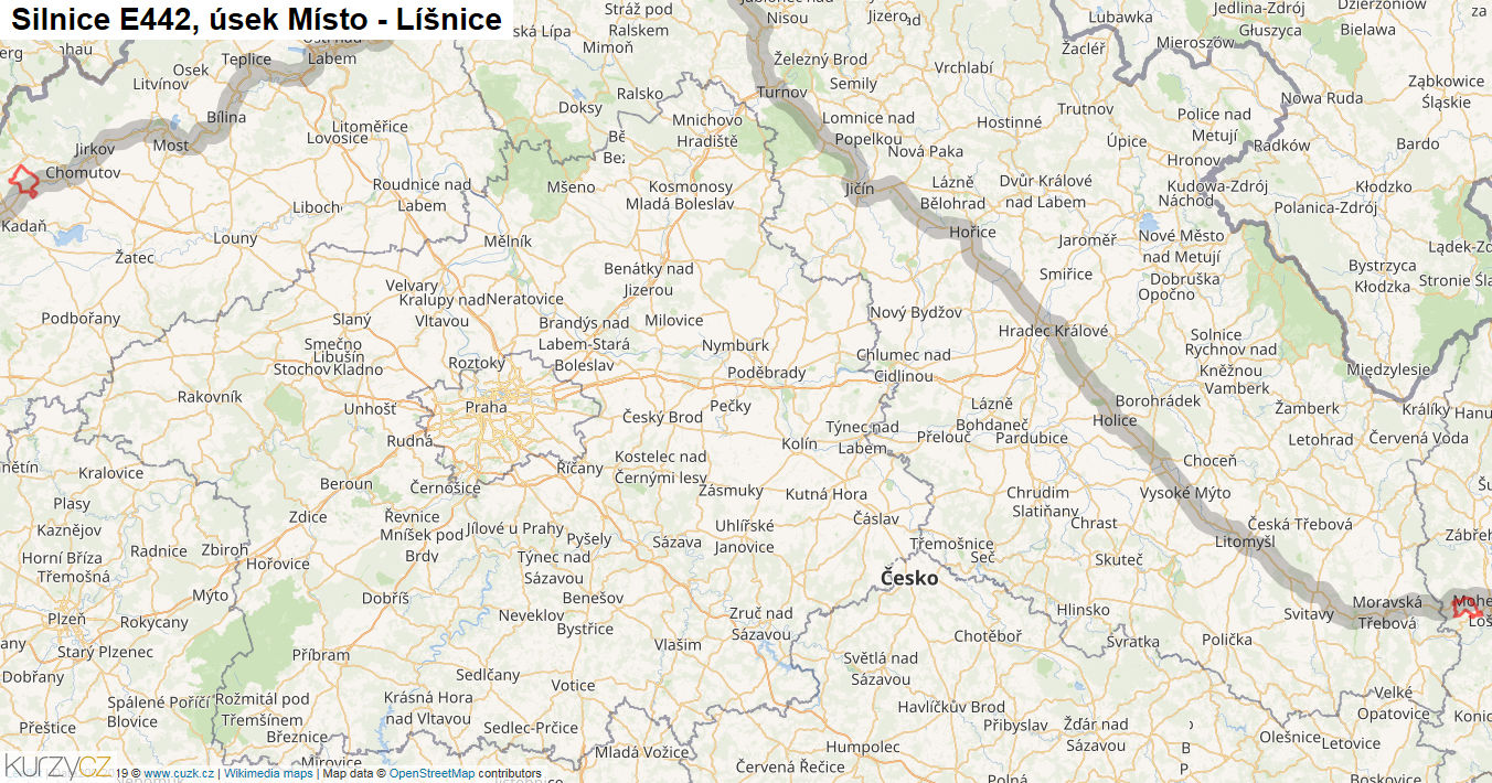 Úsek Místo - Líšnice, Silnice E442 - Mapa
