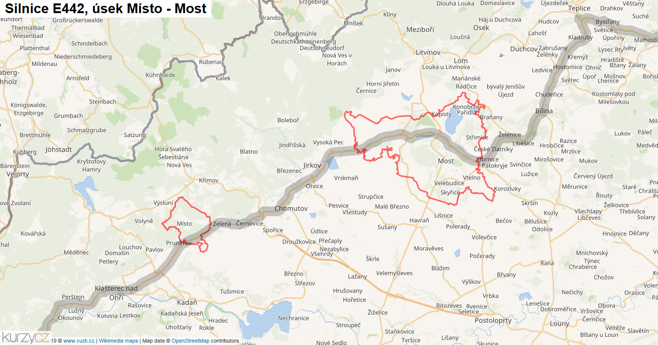 Úsek Místo - Most, Silnice E442 - Mapa