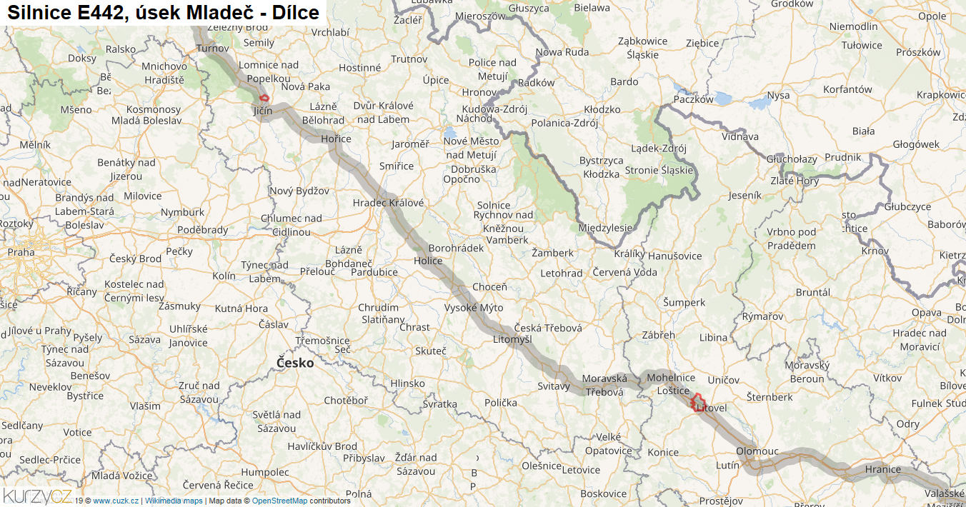 Úsek Mladeč - Dílce, Silnice E442 - Mapa