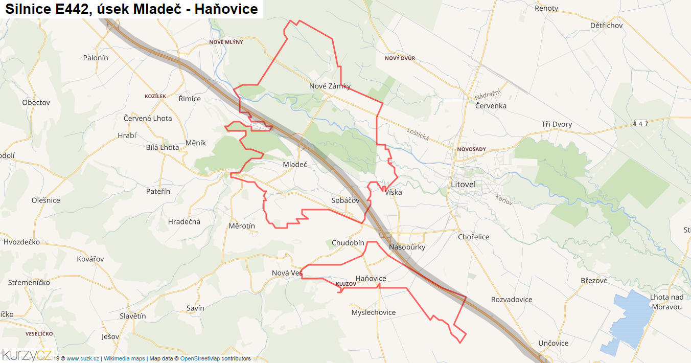 Úsek Mladeč - Haňovice, Silnice E442 - Mapa
