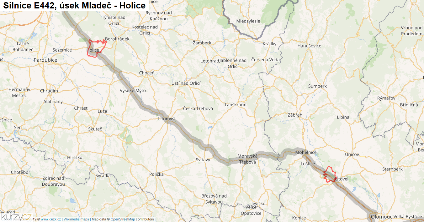 Úsek Mladeč - Holice, Silnice E442 - Mapa