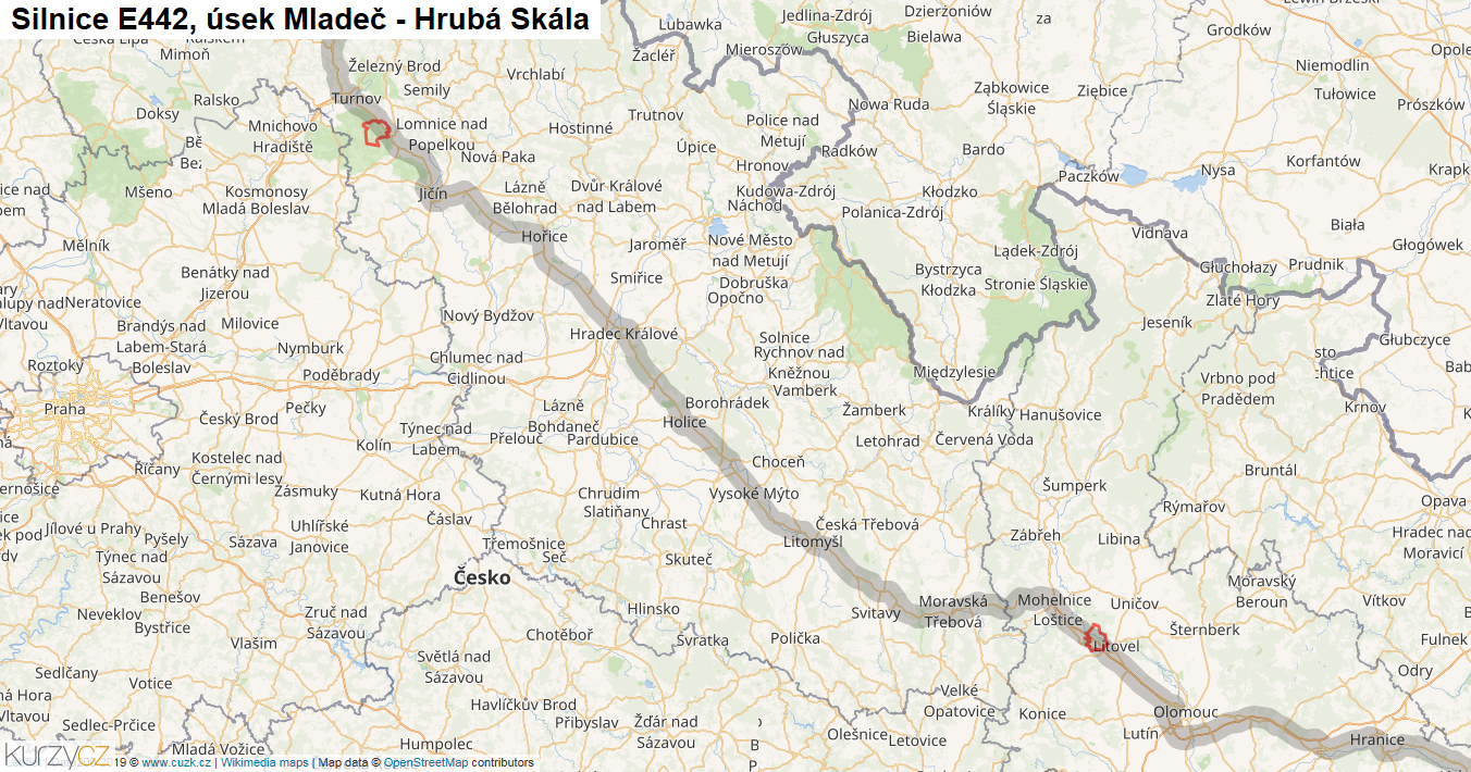 Úsek Mladeč - Hrubá Skála, Silnice E442 - Mapa