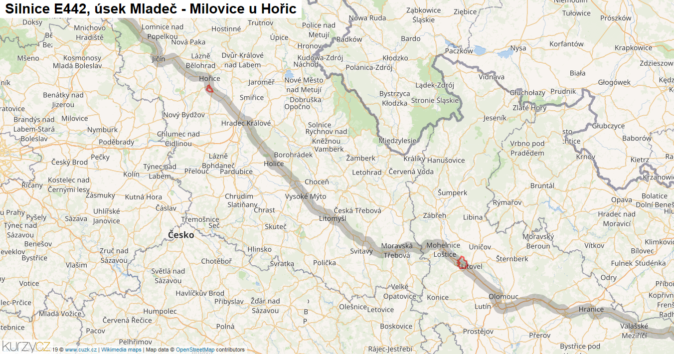 Úsek Mladeč - Milovice u Hořic, Silnice E442 - Mapa