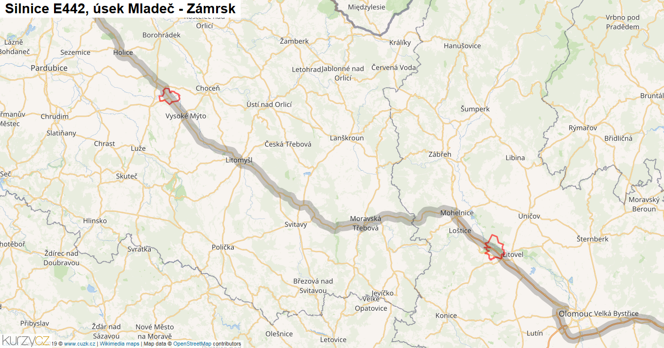 Úsek Mladeč - Zámrsk, Silnice E442 - Mapa