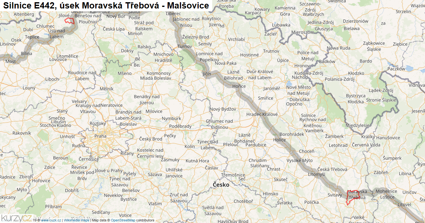 Úsek Moravská Třebová - Malšovice, Silnice E442 - Mapa