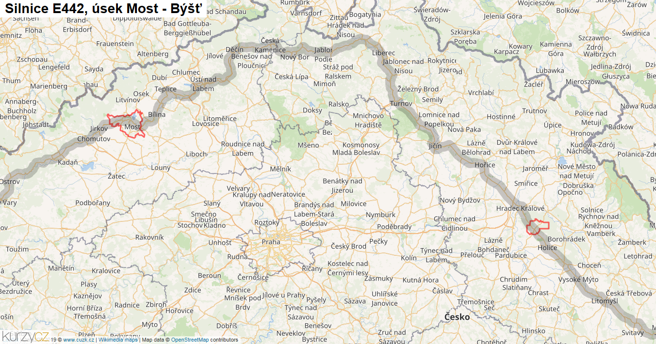 Úsek Most - Býšť, Silnice E442 - Mapa