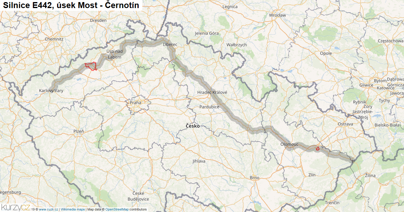 Úsek Most - Černotín, Silnice E442 - Mapa