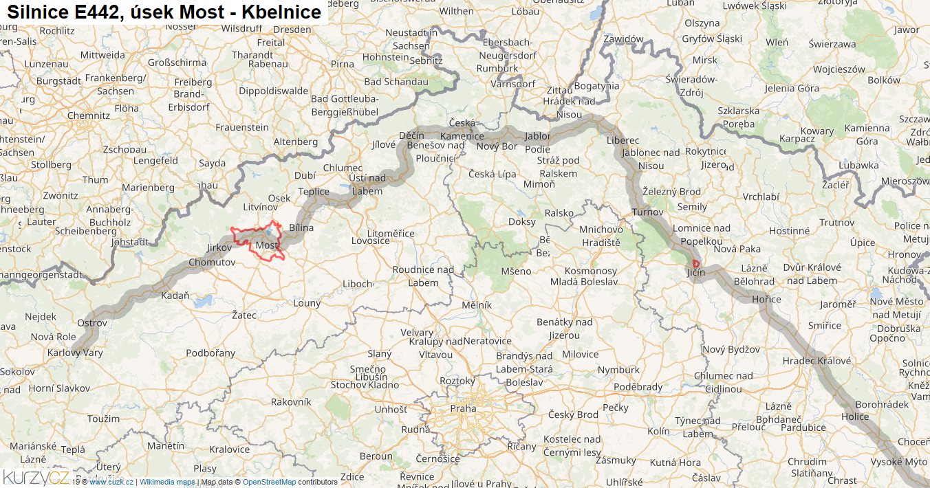 Úsek Most - Kbelnice, Silnice E442 - Mapa