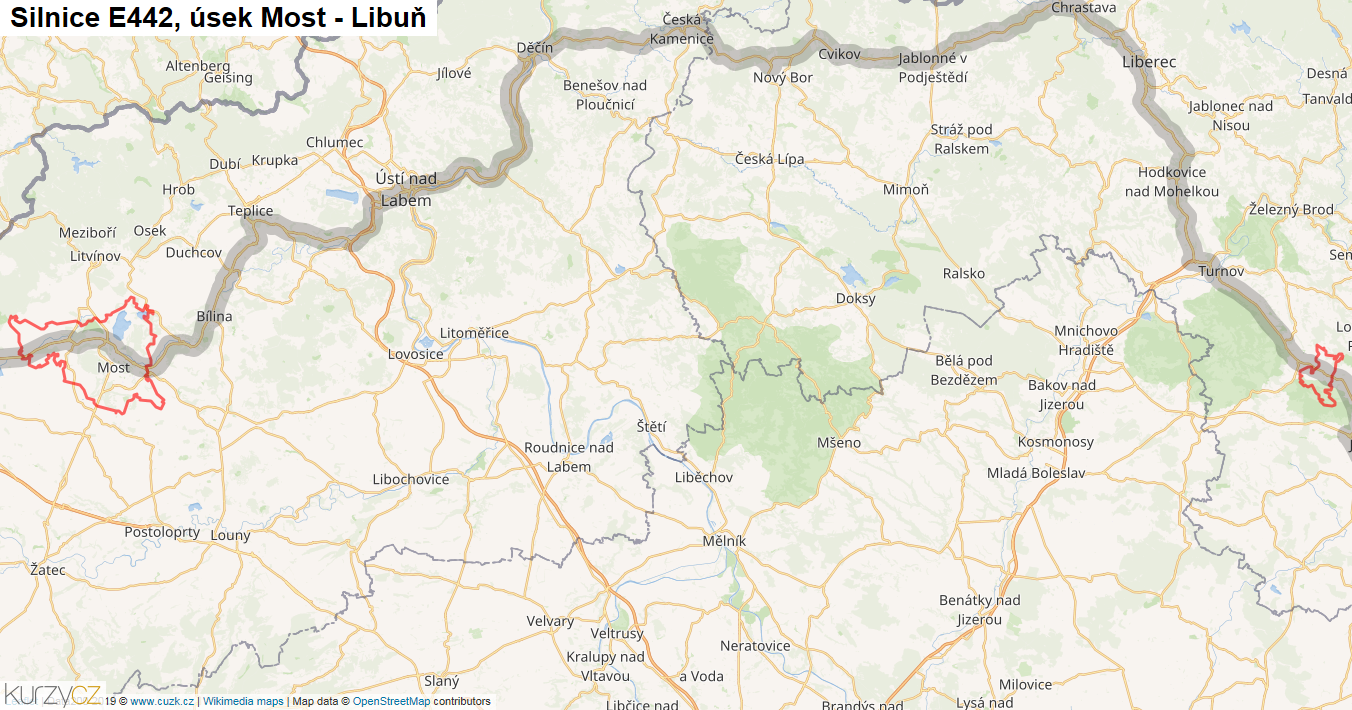 Úsek Most - Libuň, Silnice E442 - Mapa