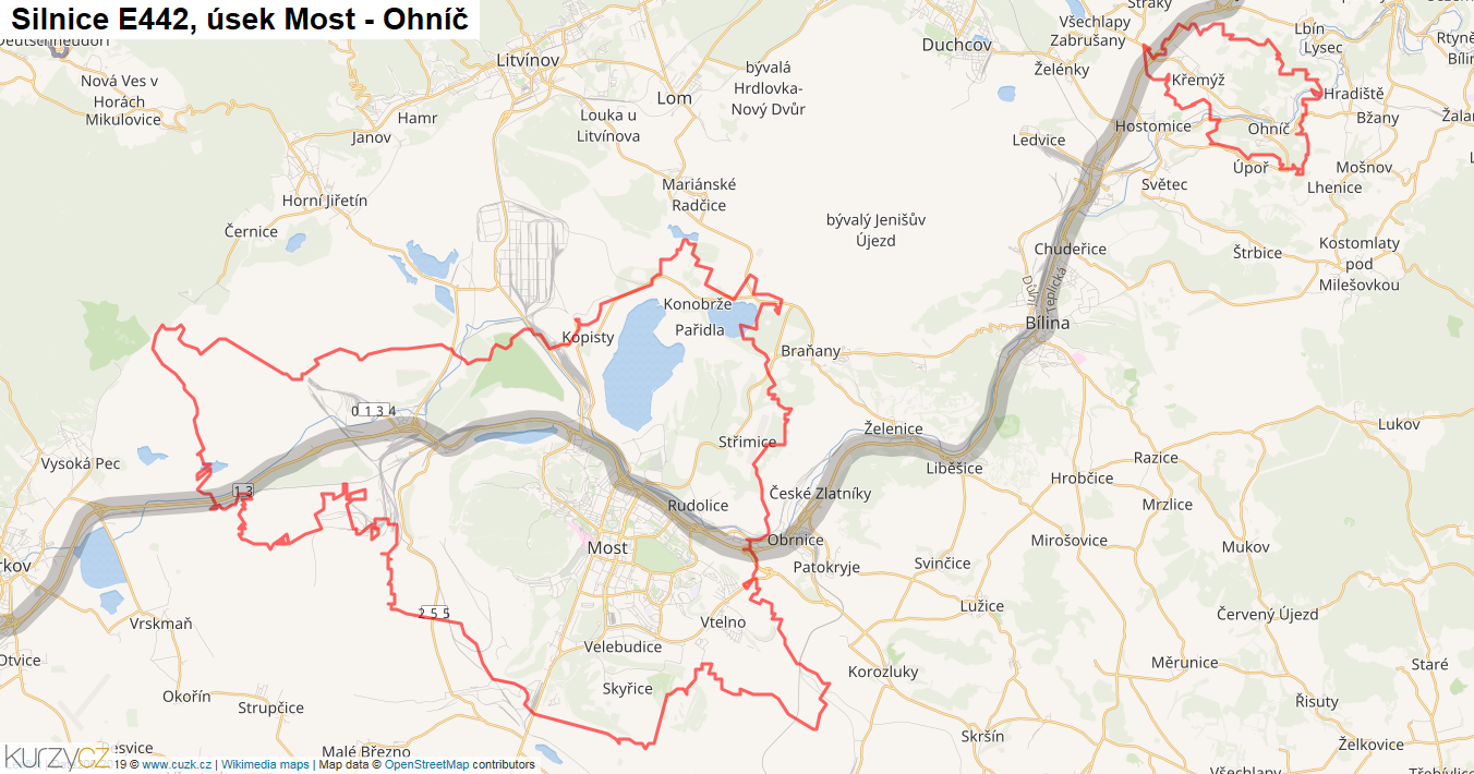 Úsek Most - Ohníč, Silnice E442 - Mapa