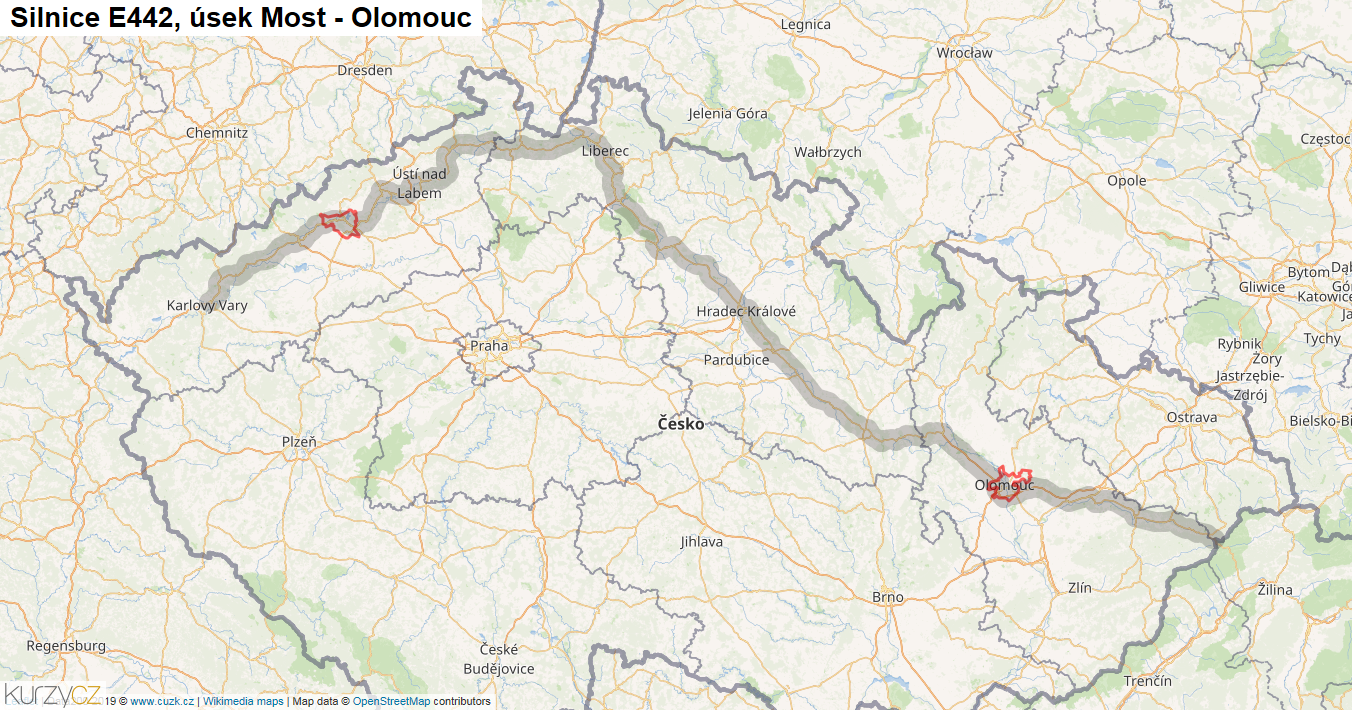 Úsek Most - Olomouc, Silnice E442 - Mapa