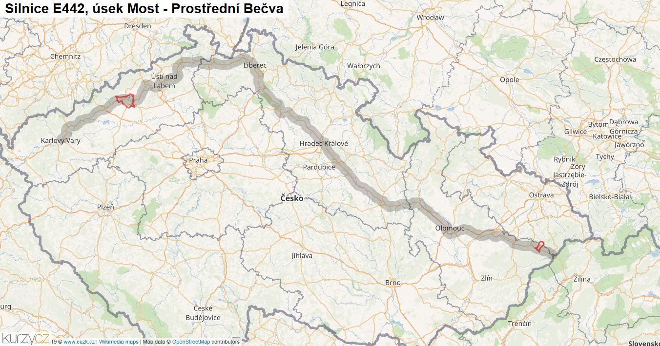 Úsek Most - Prostřední Bečva, Silnice E442 - Mapa