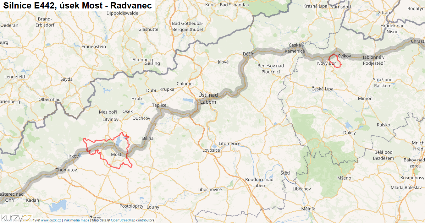 Úsek Most - Radvanec, Silnice E442 - Mapa
