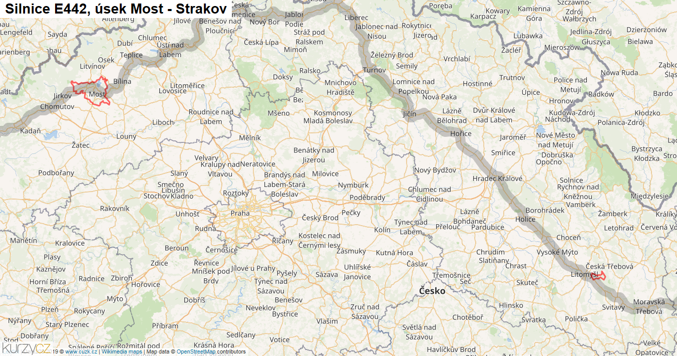 Úsek Most - Strakov, Silnice E442 - Mapa