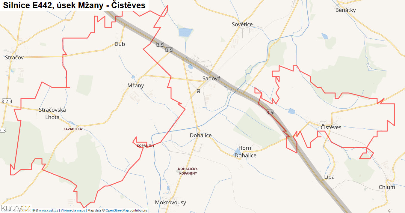 Úsek Mžany - Čistěves, Silnice E442 - Mapa