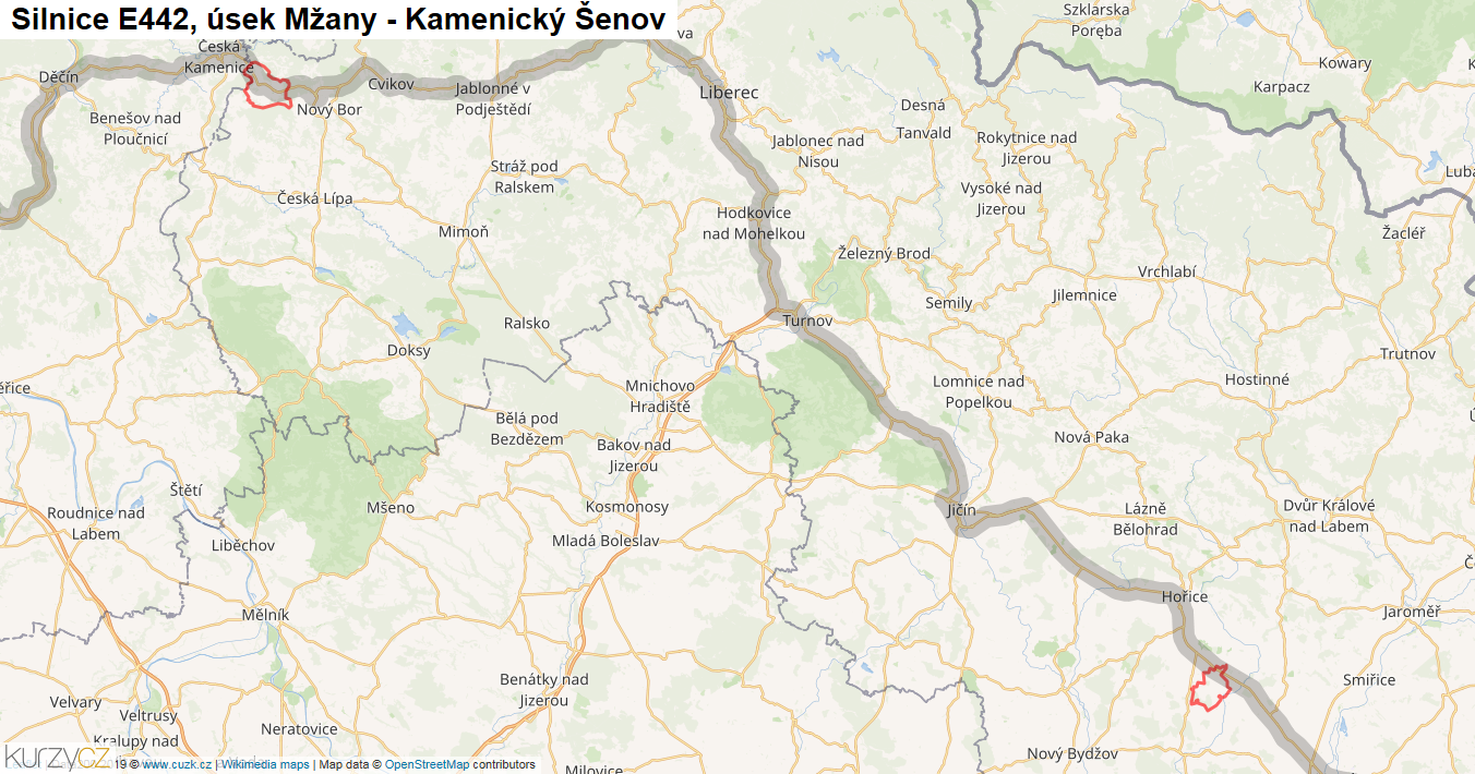 Úsek Mžany - Kamenický Šenov, Silnice E442 - Mapa