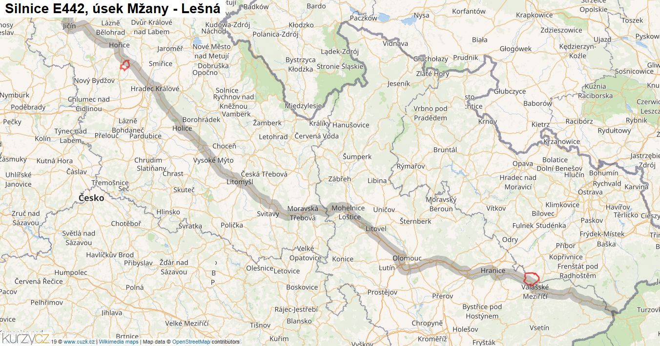 Úsek Mžany - Lešná, Silnice E442 - Mapa