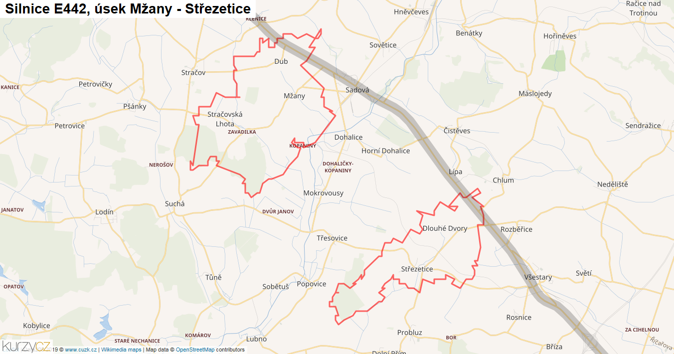Úsek Mžany - Střezetice, Silnice E442 - Mapa