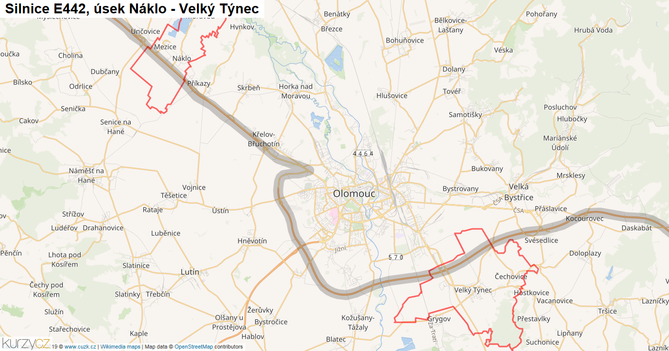 Úsek Náklo - Velký Týnec, Silnice E442 - Mapa