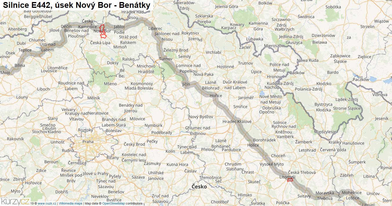 Úsek Nový Bor - Benátky, Silnice E442 - Mapa