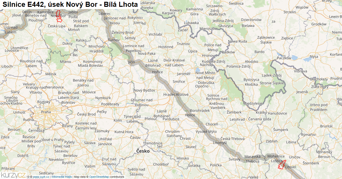 Úsek Nový Bor - Bílá Lhota, Silnice E442 - Mapa