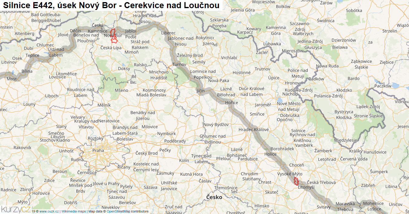 Úsek Nový Bor - Cerekvice nad Loučnou, Silnice E442 - Mapa