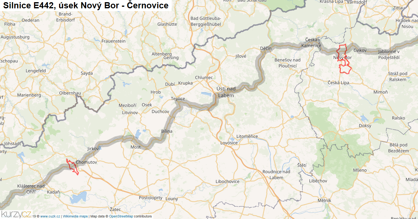 Úsek Nový Bor - Černovice, Silnice E442 - Mapa