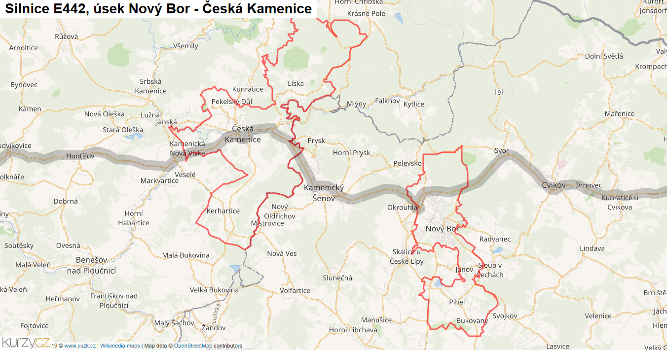 Úsek Nový Bor - Česká Kamenice, Silnice E442 - Mapa